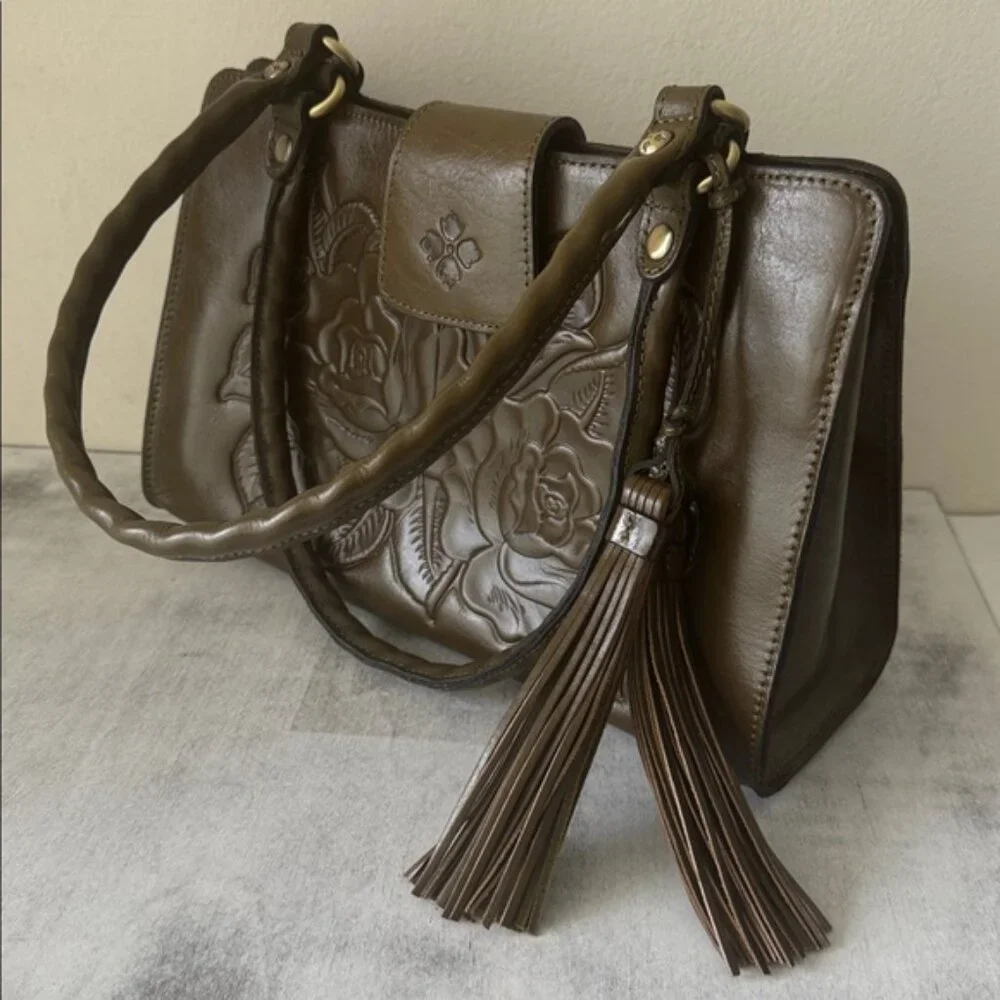 Patricia Nash Rienzo Satchel Vtg Rose Tooled Leather Soft Olive Green W Tassel